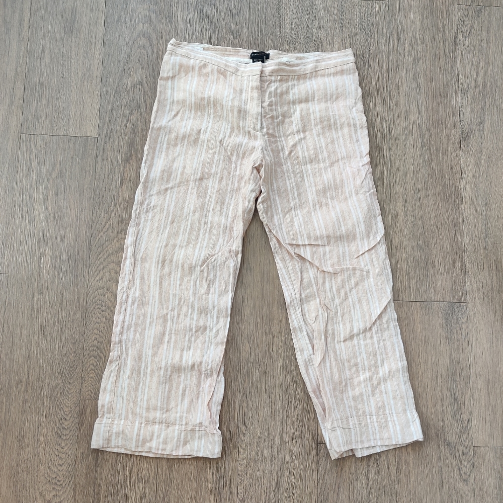 BCBGMAXAZRIA Beige Striped Linen Crop Pants